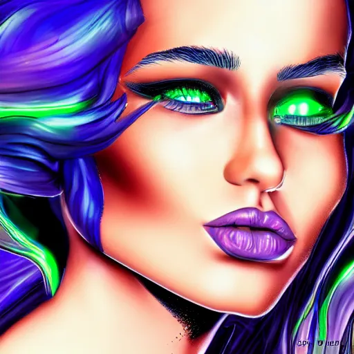 Prompt: electric woman, cute - fine - face, pretty face, oil slick hair, realistic shaded perfect face, extremely fine details, realistic shaded lighting, dynamic background, by arthur adams