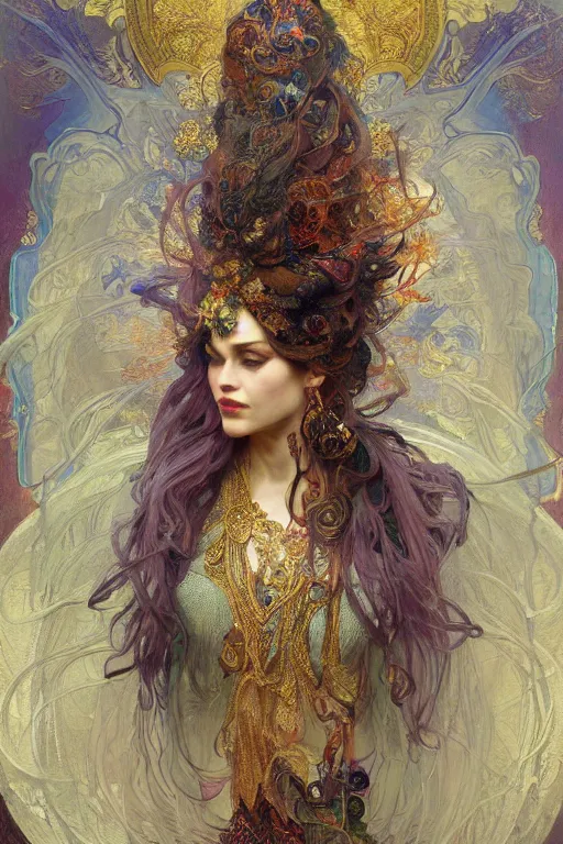 Prompt: a beautifull intricate painting of a beatifull woman wearing a feathered cloak surrounded by ornate tendrils, flying silk, internse colors, hyper detailed, artstation, by jeremy mann, by alphonse mucha, by gustave dore