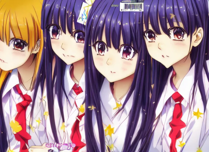 Image similar to pattern of ; weekly shonen jump issue 1 4, cover, 2 0 0 0 clannad shuffle lucky star suzumiya haruhi toheart event'anime illustration japanese very very beautiful cute girls doing cute things trending on artstation pixiv makoto shinkai smiling super detailed eyes eyebrowless symmetry face visual novel hairpin star