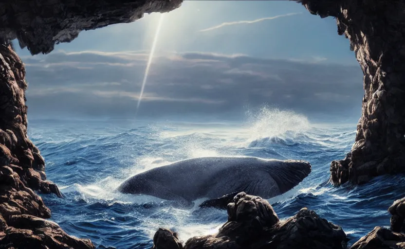 Image similar to whales breaching, directed by charlie kaufman ( 2 0 0 1 ) anamorphic lenses, a rocky shore in the foreground, foggy volumetric light morning, a beam of light from the heavens, cinematic trending on artstation in the style of greg rutkowski