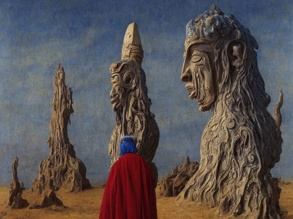 Image similar to Albino mystic with his back turned, looking in the distance at giant totemic archaic sculpture mask Tibetan temple made from Lapis Lazuli. Painting by Jan van Eyck, Beksinski, Caspar David Friedrich, Rene Magritte, Agnes Pelton, Max Ernst, Walton Ford