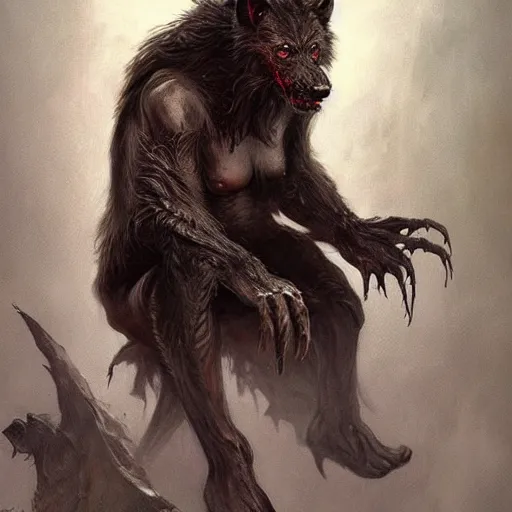 Image similar to Dark Fantasy Painting of a werewolf with blood dripping from its mouth, creepy, unsettling, horror, upper body, intricate, wild, highly detailed, digital painting, artstation, concept art, smooth, sharp focus, illustration, art by artgerm and greg rutkowski and alphonse mucha