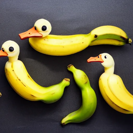 Image similar to professional photograph of banana ducks, peeled bananas with googly eyes and duck beaks