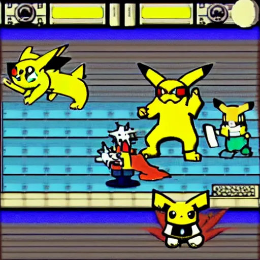 Prompt: a gameboy screenshot of a pokemon fight between onyx and pikachu, both holding firearms