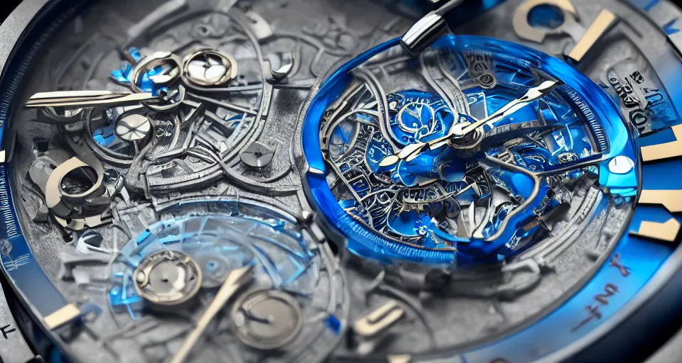 Prompt: complex 3 d render of a futuristic steampunk watch lying on a table, high detail, sharp focus, glowing blue interior components, fractal detail, depth of field, bokeh, cinematic lighting and composition, octane render, film grain, by syd mead, rolex, porsche