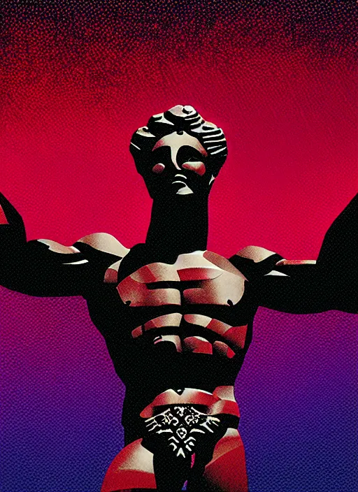 Image similar to black background with subtle red and purple geometric design elements, statue of hercules, nekro, graphic design, collage art, thin lines, dark, glitch art, neo vaporwave, gritty, layout frame, trending on artstation