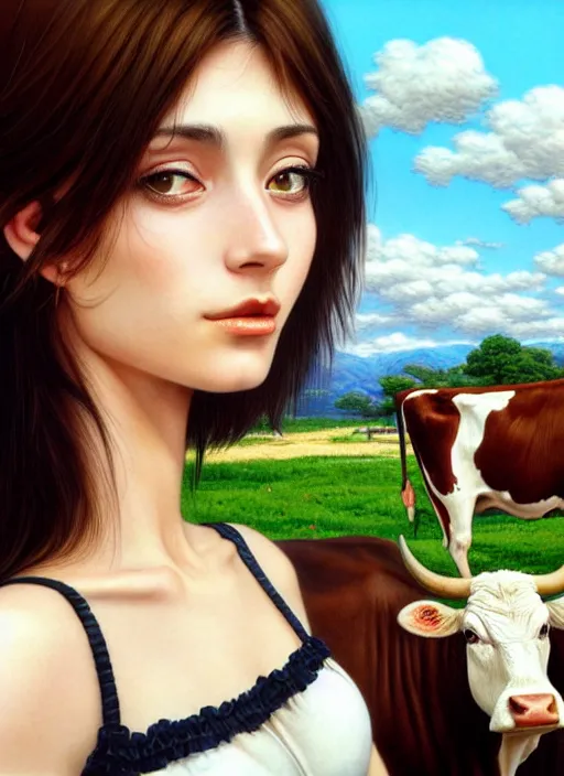 Image similar to photo gorgeous young italian woman, brunette hair, cow looking over shoulder, in the style of stefan kostic, realistic, sharp focus, 8 k high definition, insanely detailed, intricate, elegant, art by david cronenberg and stanley lau and artgerm and yoshitako amano and ryden and kawase hasui, artstation