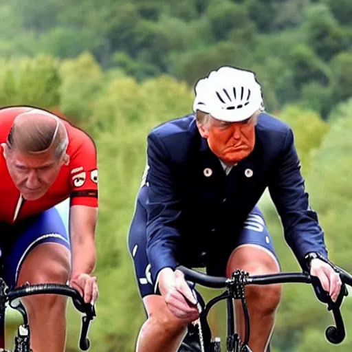 Prompt: Donald Trump and Obama competing in the Tour de France