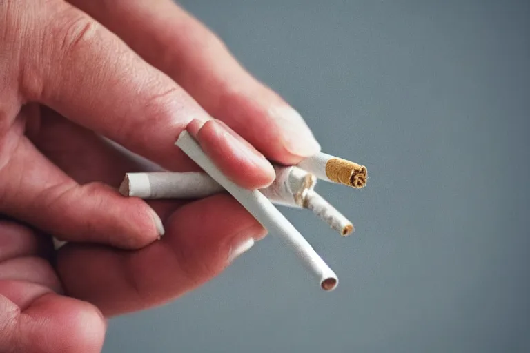 Image similar to Close-up of cigarette in five fingers, thin soft hand holding cigarette, hyper realistic, natural