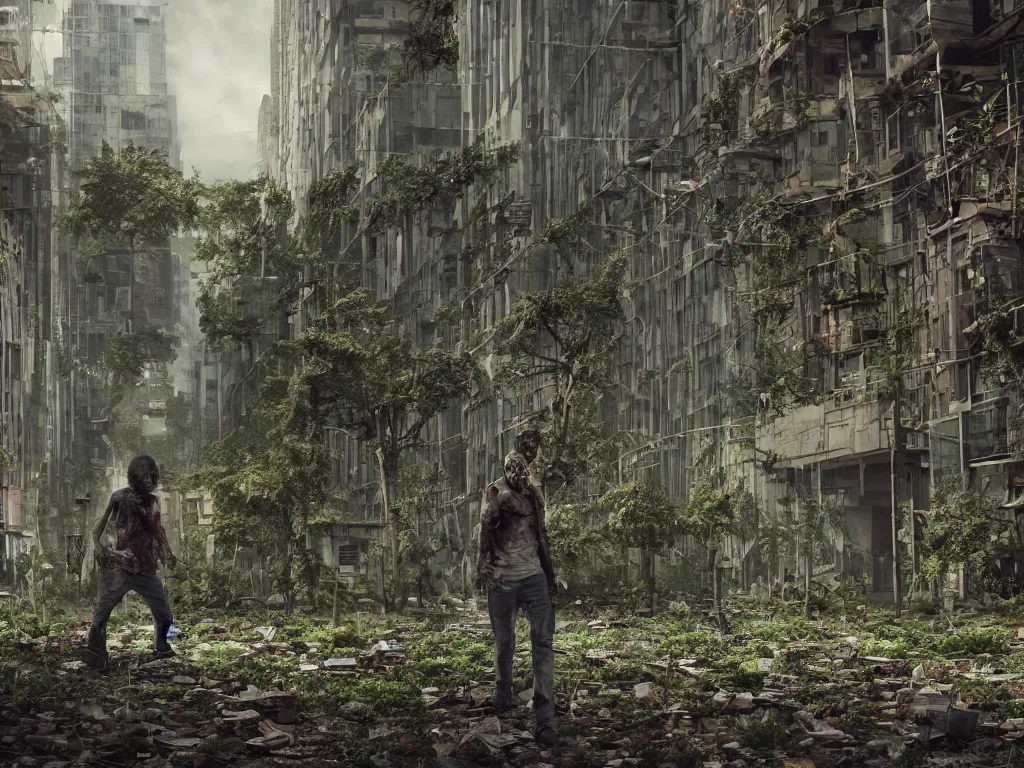 Image similar to an abandoned overgrown city, small amount of zombies lurking around, plants everywhere, windows broken, sole traveler walking in the middle, highly detailed, octane render, cinematic, shock, sharp focus