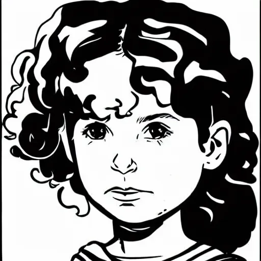 Image similar to clean simple line art of a little girl with short wavy curly hair. she is a superhero, wearing a superhero costume. white background. well composed, clean black and white line drawing, beautiful detailed face. illustration by charlie adlard and steve ditko