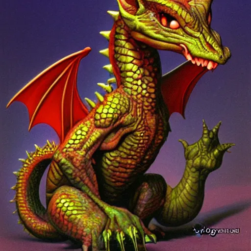 Prompt: an adorable baby dragon by Greg Hildebrandt