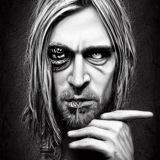 Image similar to surrealism grunge cartoon portrait sketch of Kurt Cobain, by michael karcz, loony toons style, freddy krueger style, horror theme, detailed, elegant, intricate