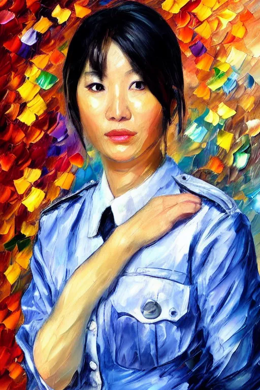 Prompt: palette knife oil painting portrait of a female asian police psychiatrist, extreme detail, style by leonid afremov and degas, artstation trending, artgerm, deviant art, octane, substance, art history 8 k