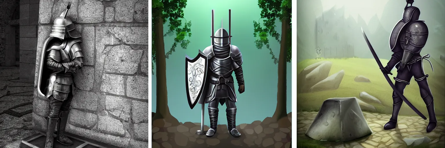 Prompt: A lone knight in front of a stone tomb with a sturdy shield and shiny sword by nixeu