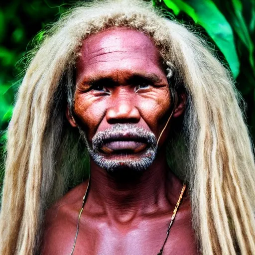 Prompt: photo, papua man with long beautiful blonde hair