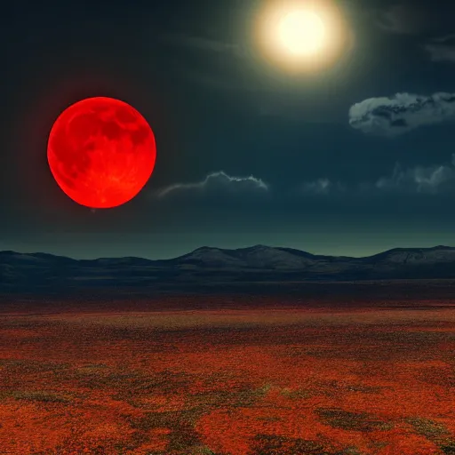 Image similar to photo of apocalypse landscape with full red Moon 8K