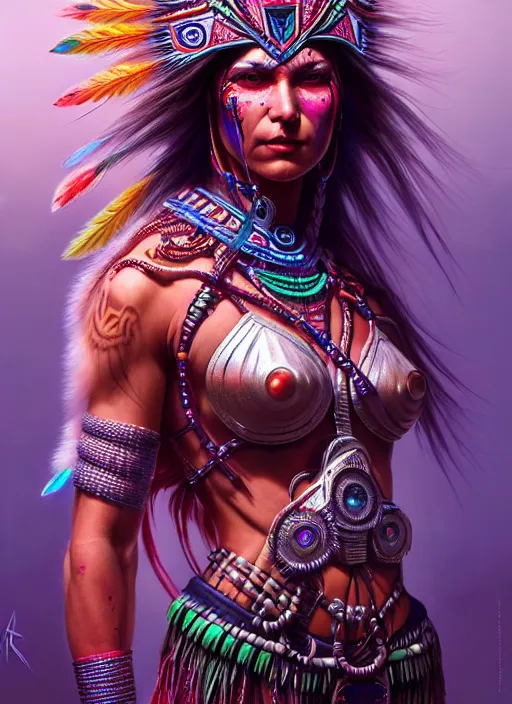 Prompt: hyper detailed ultra sharp cherokee shaman warrior trance girl. trending on artstation, warpaint aesthetic, bloodwave, colorful, psychedelic, ornate, intricate, digital painting, concept art, smooth, sharp focus, illustration, art by artgerm and greg rutkowski and h. r. giger, 8 k