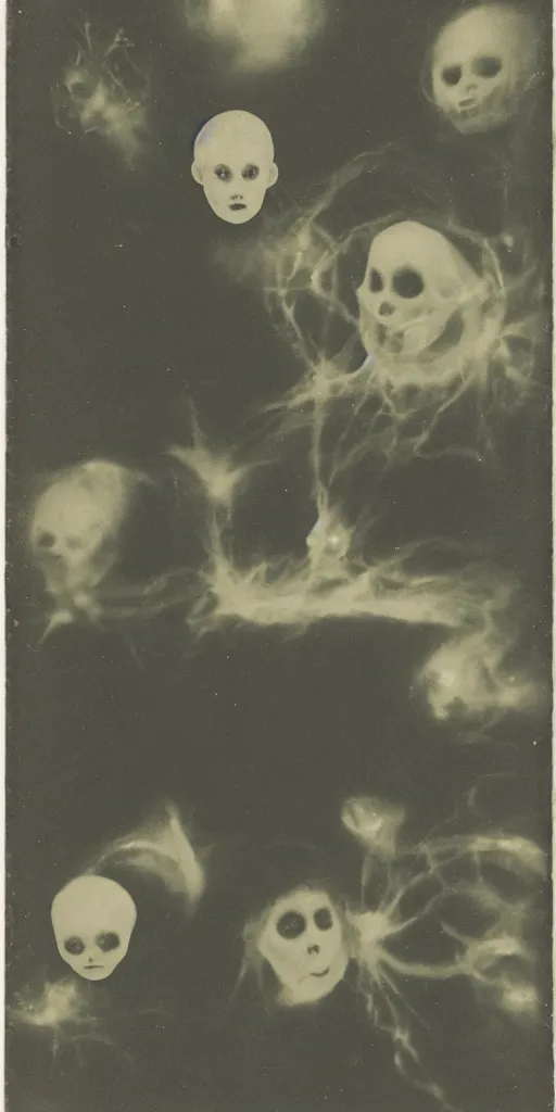 Image similar to spirit photography with glowing bulbous ectoplasm, scary reed people, sleep paralysis demon, 1 9 0 0 s, slimer, mourning family, invoke fear and dread, old photograph, daguerreotype, face of mona liza in the center