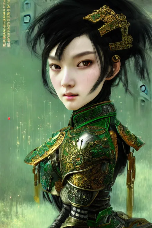 Prompt: portrait black hair young knights of Dynasty Warriors girl, metallic green armor, in ruined chinese palace, ssci-fi and fantasy, intricate and very beautiful and elegant, highly detailed, digital painting, artstation, concept art, smooth and sharp focus, illustration, art by tian zi and WLOP and alphonse mucha