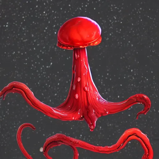 Image similar to !dream an alien mushroom with tentacles, a red cap, oozing black goo melty, drippy, unreal engine