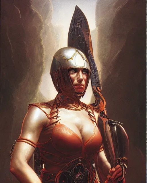 Image similar to a portrait of a shapely female warrior by boris valejo and Thomas Cole and Wayne Barlowe