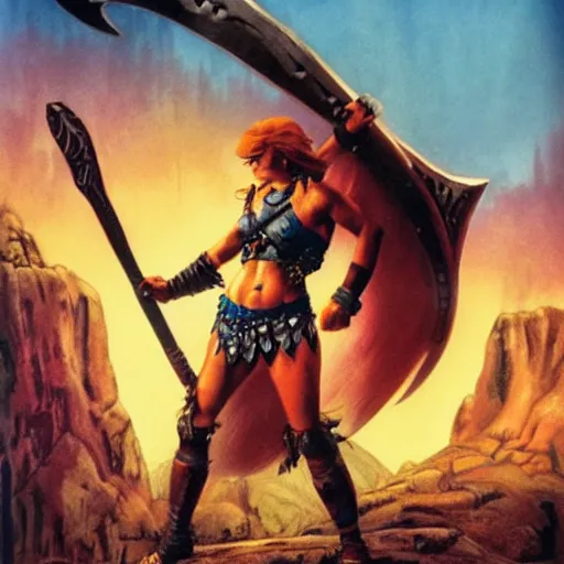 Prompt: a female barbarian posing over a defeated monster, detailed poster by Drew Struzan