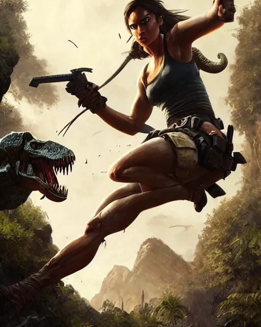 Prompt: lara croft fighting the tyrannosaurus rex | | realistic shaded, fine details, realistic shaded lighting poster by greg rutkowski, magali villeneuve, artgerm, jeremy lipkin and michael garmash and rob rey