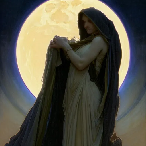 Prompt: stunning, breathtaking, awe-inspiring award-winning concept art nouveau painting of attractive Hooded figure as the goddess of the moon, with anxious, piercing eyes, by Alphonse Mucha, Michael Whelan, William Adolphe Bouguereau, John Williams Waterhouse, and Donato Giancola, cyberpunk, extremely moody lighting, glowing light and shadow, atmospheric, cinematic, 8K