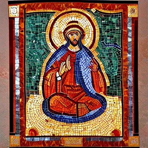 prompthunt: byzantine mosaic of gigachad, perfect face, perfect eyes,  strong jaw, centered, awarded photo, intricated, very detailed, highly  qualified