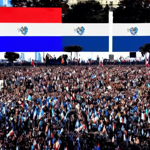 Image similar to Lady Gaga as president, Argentina presidential rally, Argentine flags behind, bokeh, giving a speech, detailed face, Argentina