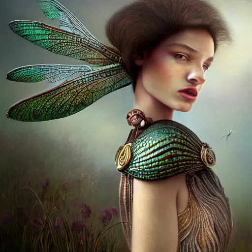 Prompt: brown woman wearing a shiny dragonfly armor. iridiscent. super detailed. layered. textured. award winning. dispersion of light. refracted lighting. soft. fragile. by ray caesar. by louise dahl - wolfe. by andrea kowch. by tom bagshaw. surreal photoraphy