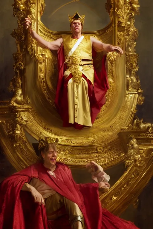 Image similar to beautiful portrait oil painting, steve buscemi wearing a golden wreath crown in royal crimson robes enthroned as the god emperor of ancient rome, mid - shot, by anders zorn, wonderful masterpiece by greg rutkowski, beautiful cinematic light, american romanticism, by thomas lawrence, greg rutkowski