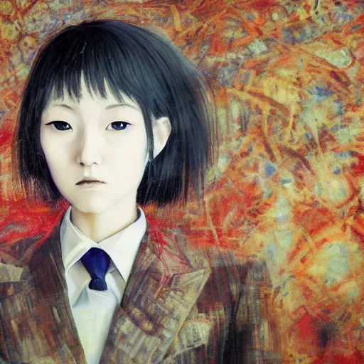 Image similar to yoshitaka amano blurred and dreamy realistic three quarter angle portrait of a young woman with short hair and black eyes wearing office suit with tie, junji ito abstract patterns in the background, satoshi kon anime, noisy film grain effect, highly detailed, renaissance oil painting, weird portrait angle, blurred lost edges