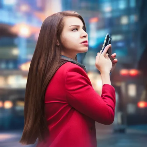 Image similar to a girl talking on a phone, wearing business clothes, marvel movie poster style, 8 k