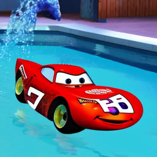 Image similar to lightning mcqueen in a swiming pool