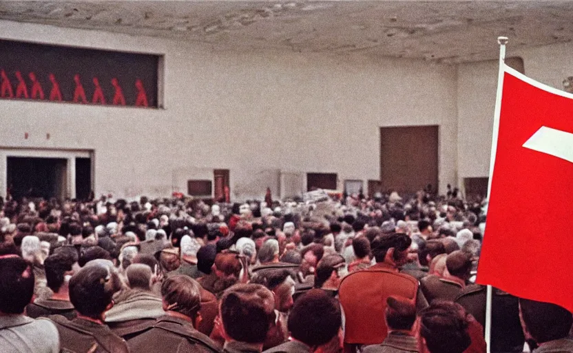 Image similar to 60s movie still of a giant stalinist style sovietic hall with a giant USSR flag, by Irving Penn , cinestill 800t 35mm eastmancolor, heavy grainy picture, very detailed, high quality, 4k, HD criterion, precise texture, panoramic, cinematic