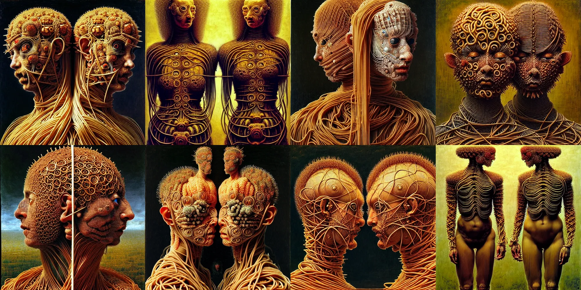 Prompt: siamese twins made of spaghetti, intricate armor made of spaghetti fractals, ancient warrior, samurai style, by giuseppe arcimboldo and ambrosius benson, renaissance, intricate and intense oil paint, a touch of beksinski, realistic