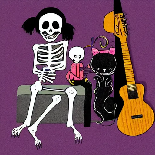 Image similar to skeleton wearing headphones watching girl playing guitar with her black cat standing next to her, digital art