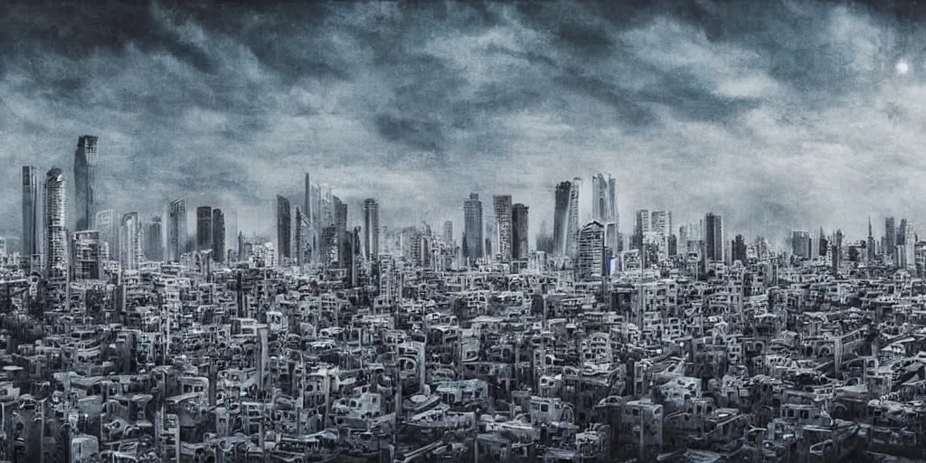 Image similar to an epic painting of the skyline of Tel Aviv in a future dystopian world, dark vibe,