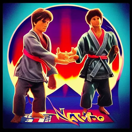 Image similar to “Marty McFly training karate with karate kid, synthwave”