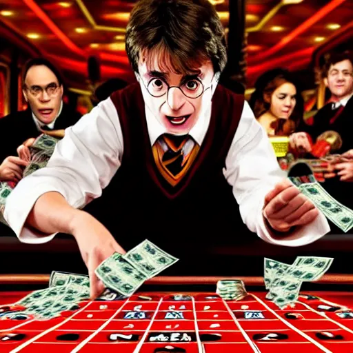 Prompt: Harry Potter in a Casino Gambling with stacks of money at the roulette table, Photograph