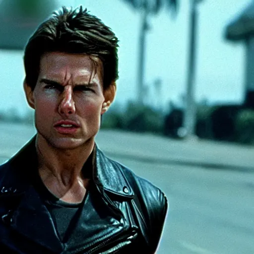 Prompt: film still of tom cruise as the terminator in terminator 8 2 0 2 3