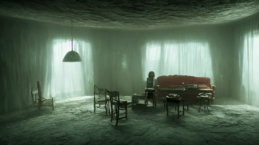 Image similar to inside the upside down house, film still from the movie directed by denis villeneuve with art direction by salvador dali, wide lens