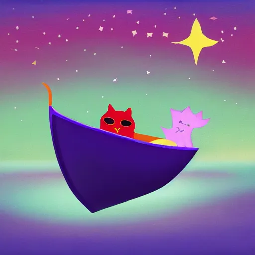 Prompt: a purple cat in a boat shaped like a leaf at night looking up at the shooting stars, album cover art