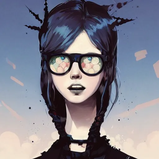 Image similar to Highly detailed portrait of a punk zombie young lady with freckles and shades and blonde wavy hair by Atey Ghailan, by Loish, by Bryan Lee O'Malley, by Cliff Chiang, by Goro Fujita, by Greg Tocchini, inspired by ((image comics)), inspired by nier:automata, inspired by graphic novel cover art !!!cyan, brown, black, yellow and white color scheme ((grafitti tag brick wall background))