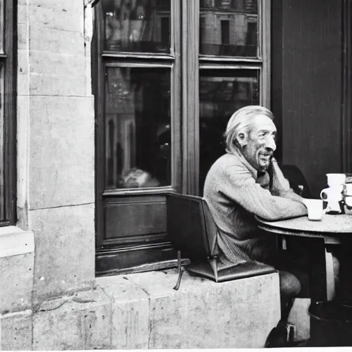 Image similar to mcgregor and jean rochefort are having a coffee. they are on nice conversation. a brown furry cat sits at the middle of the table. strong colours. nice atmosphere. 2 0 th century paris is seen on window. tobacco smoke. antique coffee cups.