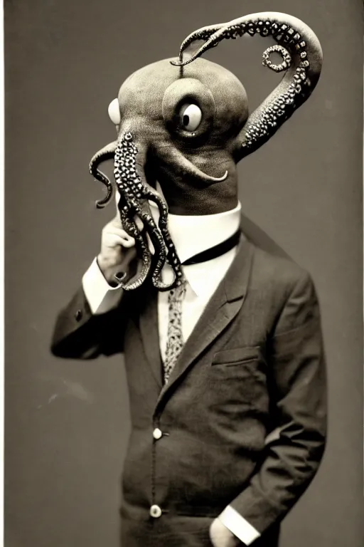 Image similar to anthropomorphic octopus , wearing a suit, tentacles spilling out of the collar, vintage photograph, sepia