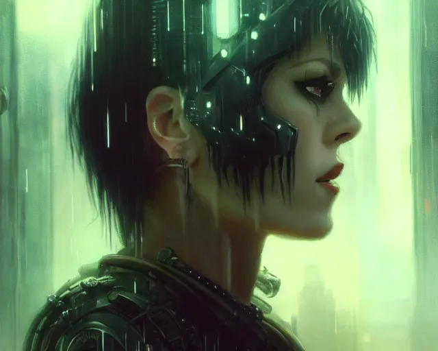 Image similar to a 4 k cinematic film screenshot still portrait of joan jett in blade runner, deep focus, d & d, fantasy, intricate, elegant, highly detailed, digital painting, artstation, concept art, matte, sharp focus, illustration, dark fantasy style art, hearthstone, art by artgerm and greg rutkowski and alphonse mucha