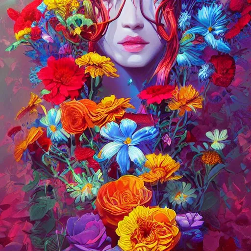 Image similar to a bouquet of colorful flowers, flowers with very long petals,afternoon sunlight, hard light and long shadows, neon glowing, vivid, detailed painting, by James Jean and Ross Tran, masterpiece, award winning painting